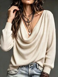 Glimmora Women's Minimalist Versatile Cowl Neck Long Sleeve Sweatshirt For Daily Wear - Apricot - View 3