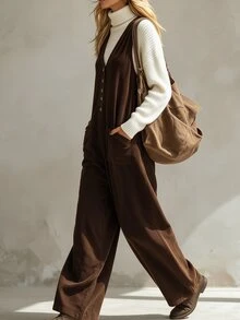 SHEIN Maillard Style V-Neck Corduroy Overall Jumpsuit For Women, Front Button Closure, Large Pockets, Loose Wide Leg, Sleeveless Long Pants - Brown - View 3