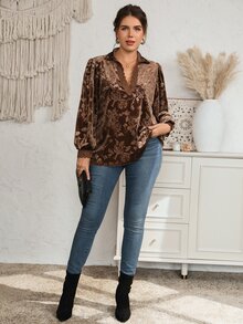 EMERY ROSE Plus Size Women's Autumn/Winter Party Casual Vacation Deep Brown Floral Print Velvet Lace Trim Patchwork Cute Blouse Shirt Top,Fall, Country - Chocolate Brown - View 7