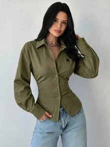 Firerie 女款白色藍白條紋長袖繫腰襯衫，時尚辦公室夏季返校休閒通勤波希米亞優雅度假襯衫 - 軍綠色 - 查看 5