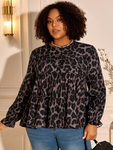 BrightlyHer Plus Size Women's Leopard Print Pleated Casual Daily Long Sleeve Shirt - Brown - View 1