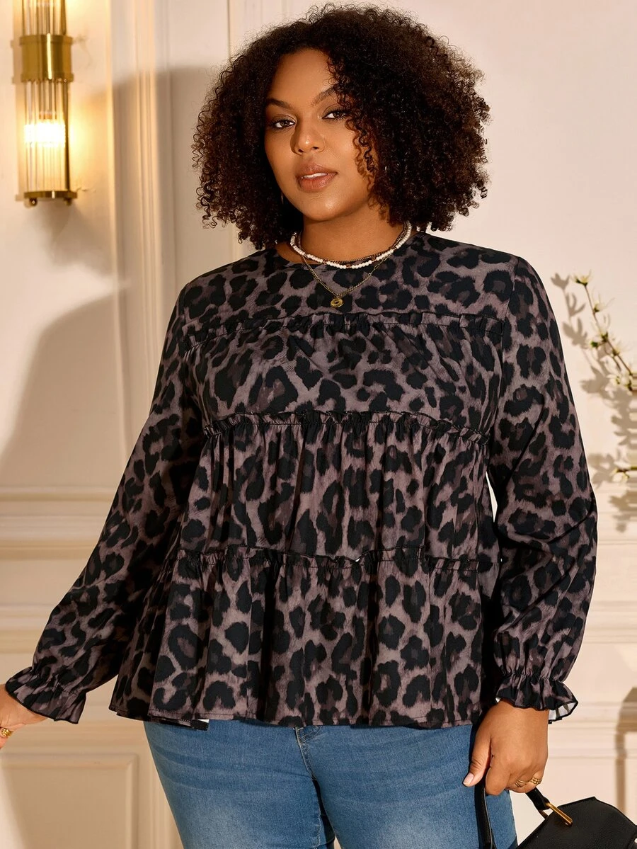 BrightlyHer Plus Size Women's Leopard Print Pleated Casual Daily Long Sleeve Shirt - Brown - View 1