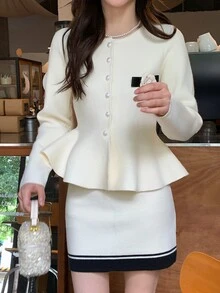 DAZY Women's French Style Button Ruffle Hem Sweater And Striped Knit Skirt 2 Pieces Set - Black and White - View 8