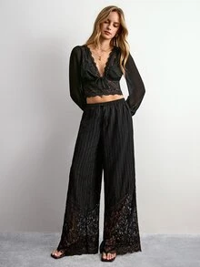 Willow Rêve Women's Black Lace Hem Loose Long Pants - Black - View 4
