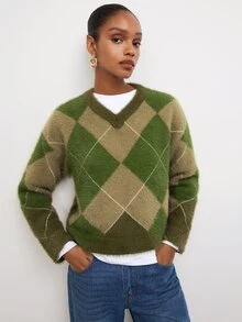 Maija Holiday Party Urban Green Autumn/Winter Women's Plaid Small V-Neck Sweater - Army Green - View 6