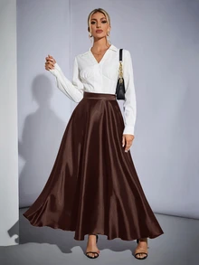 SHEIN Tall 高腰純色喇叭派對女款大寬擺裙，適合高個女性 - 咖啡棕 - 查看 4