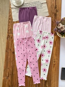 SHEIN [2件隨機發送]5件隨機發送 2件女孩春季四季通用 波點愛心條紋花卉甜美可愛百搭柔軟舒適羅紋針織羅紋下擺多件式內搭褲 - 彩色 - 查看 2