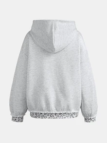SHEIN 青少年女孩秋冬 Y2K 時尚豹紋拼接寬鬆連帽長袖衛衣外套，前袋鼠口袋，休閒街頭運動可愛風 - 淺灰色 - 查看 2