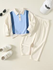 Young Boy Colorblock Patchwork Kids Sweatshirt & Autumn Pants Set - Multicolor - View 4