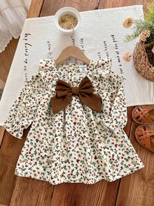 SHEIN 新生兒可愛蝴蝶結碎花童裝洋裝 - 米色 - 查看 6