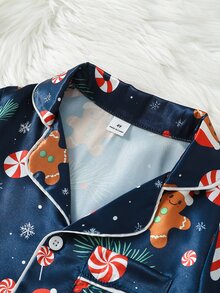 Young Boy Autumn/Winter Pajamas 2pcs Gingerbread Man Satin Long Sleeve Pants Lapel Print Christmas Blue Flame Resistant - Navy Blue - View 6