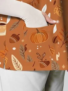 PopScrub Pumpkin Leaf Coffee Print Khaki Plus Size Nurse Uniform, V-Neck Short Sleeve Pocket Split Workwear Top, All Seasons Inner & Outerwear, Autumn Vibe - Multicolor - View 4