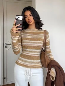 Aloruh 女款拼色修身百搭日常穿著長袖毛衣，棕色條紋秋季復古休閒舒適街頭風，適合日常、夜晚與假期 - 卡其色 - 查看 8