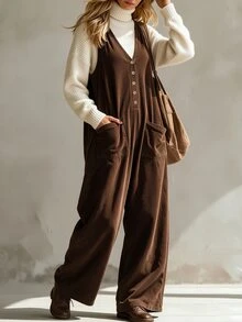 SHEIN Maillard Style V-Neck Corduroy Overall Jumpsuit For Women, Front Button Closure, Large Pockets, Loose Wide Leg, Sleeveless Long Pants - Brown - View 4