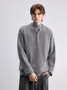 RONVEXI Men's Ribbed Minimalist Button Half-Placket Long Sleeve Sweater - Grey - View 5