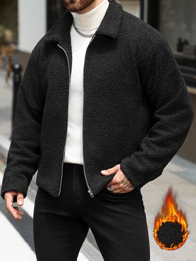 Manfinity CasualCool Men's Black Lambswool Collar Loose Teddy Fleece Jacket Coat Autumn/Winter