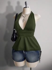 SHEIN ICON 大尺碼 V 領收腰 A 字版型露背黑色細肩帶背心，復古哥德性感 Y2K 掛脖娃娃上衣，夏季電音派對外出上衣 - 軍綠色 - 查看 5