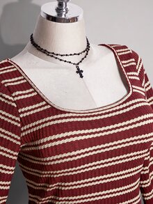 SHEIN ICON 大尺碼黑白露背喇叭袖針織洋裝，秋季 90s 80s 70s 返校季、夜店、早午餐、晚餐派對、度假 Y2K 2000s 秋季款 - 彩色 - 查看 6