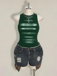 SHEIN ICON 大尺碼 Y2K 哥德風透明破洞性感細肩帶上衣 女款黑色透視網紗上衣 約會之夜 雞尾酒會 夏季 - 墨綠色 - 查看 6