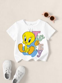 LOONEY TUNES X SHEIN تي شيرت كاجوال برقبة دائرية وأكمام قصيرة بطبعة كرتونية وحروف للفتاة الصغيرة - أبيض - مشاهدة 1