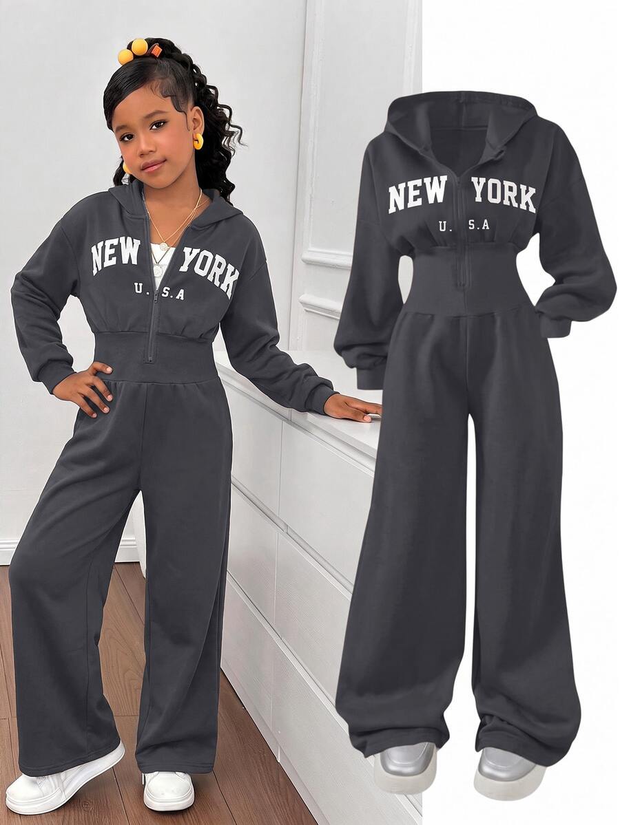 SHEIN 女童時尚簡約純色連帽拉鍊印字字母高腰秋冬連身褲 - 深灰色 - 查看 1