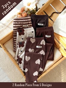 SHEIN [2pcs Randomly Sent]5pcs Randomly Sent 2pcs Spring All Season Girls Polka Dot Heart Stripe Floral Sweet Cute Versatile Soft Comfortable Ribbed Knit Leggings Multi-Piece Set - Multicolor - View 4