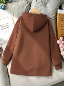 SHEIN Sparklyn 青少年女孩波點內裡連帽夾克 素色長袖鈕扣式風衣 翻蓋口袋中長版防風外套 休閒街頭風外衣 - 棕色 - 查看 2