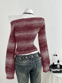 Elamini 1件女款黑色秋冬獨特不對稱肩拼接色塊條紋亮片針織毛衣，收腰設計與喇叭袖，優雅休閒 - 紅色 - 查看 2