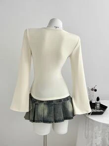 Elamini Autumn/Winter Deep V-Neck T-Shirt With Lace Trim And Flare Sleeves - Apricot - View 2