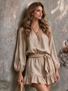 Ceyna Casual Boho Vintage Vacation Style Textured Linen-Feel V-Neck Loose Lantern Sleeve Dress, Relaxed Beach Brunch Travel Outfit - Khaki - View 5