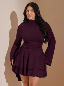 SHEIN BAE CURVE 大尺碼女款棕色荷葉邊優雅洋裝，秋冬純色長袖層次感迷你洋裝，荷葉邊下擺，內建胸墊 - 紫紅色 - 查看 2