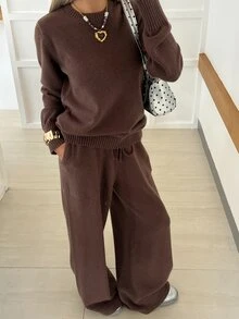 Livesso Women's Solid Color Round Neck Long Sleeve Sweater And Knitted Pants Casual Set, Autumn/Winter - Coffee Brown - View 5