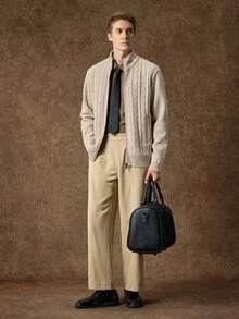 Manfinity CityGents 男士麻花編織前開襟拉鍊長袖開襟衫 - 米色 - 查看 7