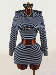 Mistrie Women's Striped Zipper Front Cropped Hoodie, Cropped Halter Top And Skirt Set - Multicolor - View 1