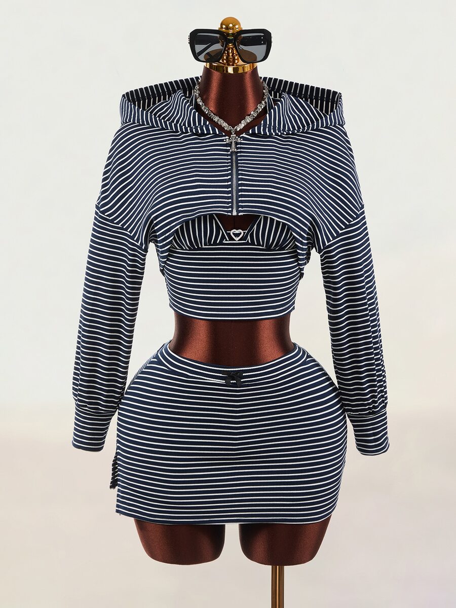 Mistrie Women's Striped Zipper Front Cropped Hoodie, Cropped Halter Top And Skirt Set - Multicolor - View 1