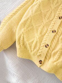 SHEIN 女童純色針織圓領花瓣袖休閒開襟毛衣 秋冬針織衫 - 芥末黃 - 查看 8