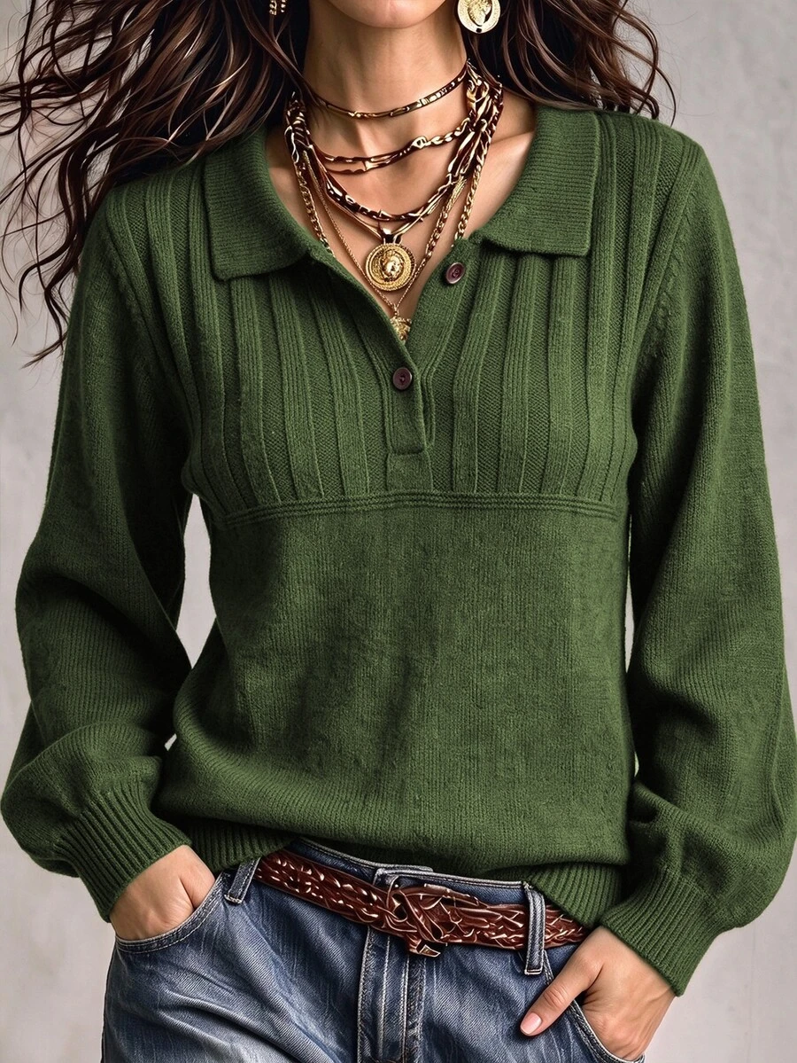 SHEIN Casual Style Polo Collar Long Sleeve Knit Half-Button Vertical ...