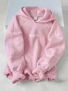 SHEIN 青少年女孩拼色連帽休閒 Y2K 日常長袖冬季衛衣 生日告別 粉色秋季 - 粉色 - 查看 7