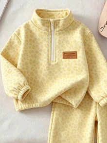 SHEIN 女童卡其棕豹紋保暖內裡兩件套，半拉鍊立領上衣 + 寬腿長褲，加厚保暖內裡 - 彩色 - 查看 3