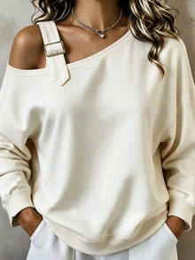 Glimmora New One-Shoulder Cold Shoulder Loose Casual Women's Sweatshirt - Apricot - View 3