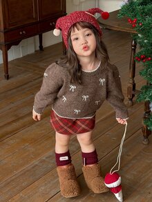 DAZY Infant (Girl) Round Neck Bow Long Sleeve Sweater, Autumn/Winter - Coffee Brown - View 1