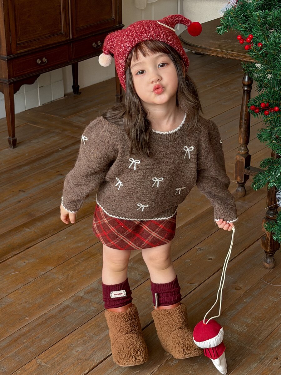 DAZY Infant (Girl) Round Neck Bow Long Sleeve Sweater, Autumn/Winter - Coffee Brown - View 1