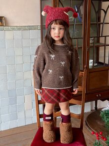 DAZY Infant (Girl) Round Neck Bow Long Sleeve Sweater, Autumn/Winter - Coffee Brown - View 6