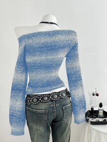 Elamini 女款黑色秋冬獨特不對稱肩拼色條紋亮片針織毛衣，收腰小喇叭袖，1件裝 - 天藍色 - 查看 2