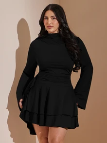 SHEIN BAE CURVE فستان نسائي أنيق بني اللون مع كشكشة، فستان ميني بطبقات بأكمام طويلة بلون موحد للخريف/الشتاء مع حافة مكشكشة، مزود بحشوات صدر مدمجة، مقاس كبير - الأسود - مشاهدة 2