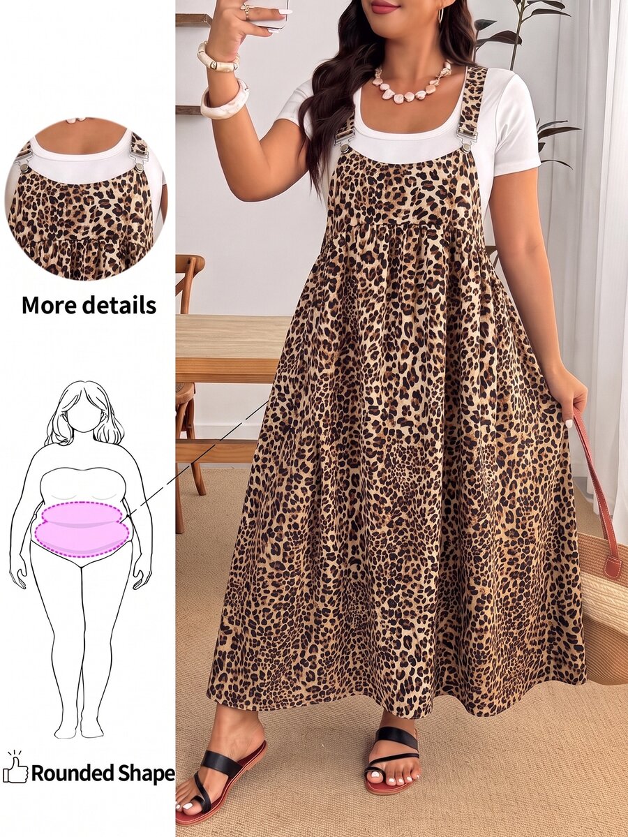 Enliva Plus Size Leopard Print Casual Vacation Strap Dress - Mocha Brown - View 1
