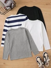 兒童 4件組 青少年男孩休閒純色與條紋長袖T恤 秋冬款，適合學校、家庭聚會、返校季、生日派對 - 彩色 - 查看 2
