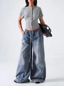LYSMO Cardigan Rajut Wanita Lengan Pendek Model Batwing Warna Polos dengan Kancing Tunggal - Light Grey - View 3