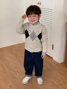 DAZY Infant/Toddler (Boys) Round Neck Diamond Grid Korean Style Long Sleeve Sweater - Grey - View 3