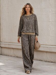 Faunlyn Women's Leopard Print Long Sleeve Top And Loose Pants 2 Pieces Set - Brown - View 3